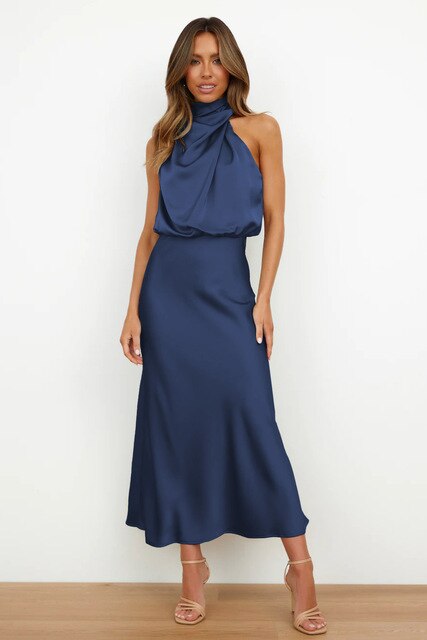 NOUVEAU RICHE Stilvolles Seidensatin Cocktailkleid Schulterfrei Elegant Blau