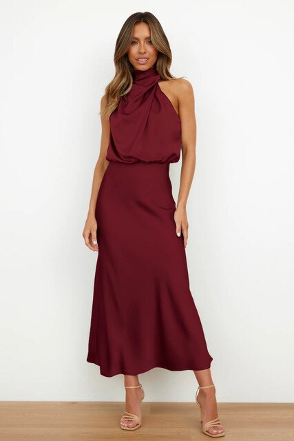 NOUVEAU RICHE Stilvolles Seidensatin Cocktailkleid Schulterfrei Elegant Bordeaux
