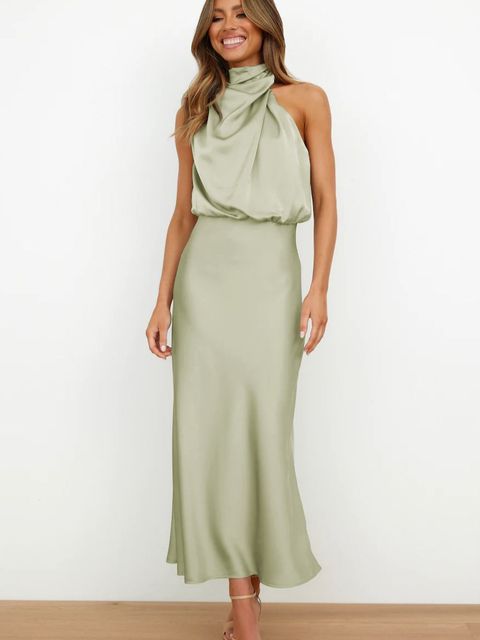 NOUVEAU RICHE Stilvolles Seidensatin Cocktailkleid Schulterfrei Elegant Hellgrün