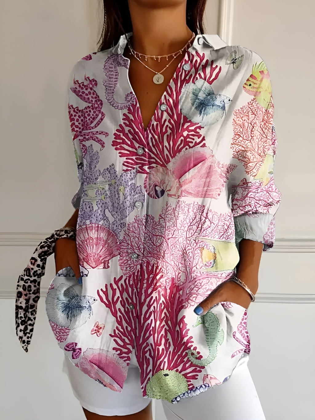 NOUVEAU RICHE Button Down Hemd Damen Langarm Leichter Stoff Luftige Bluse Rosa Meerestiere