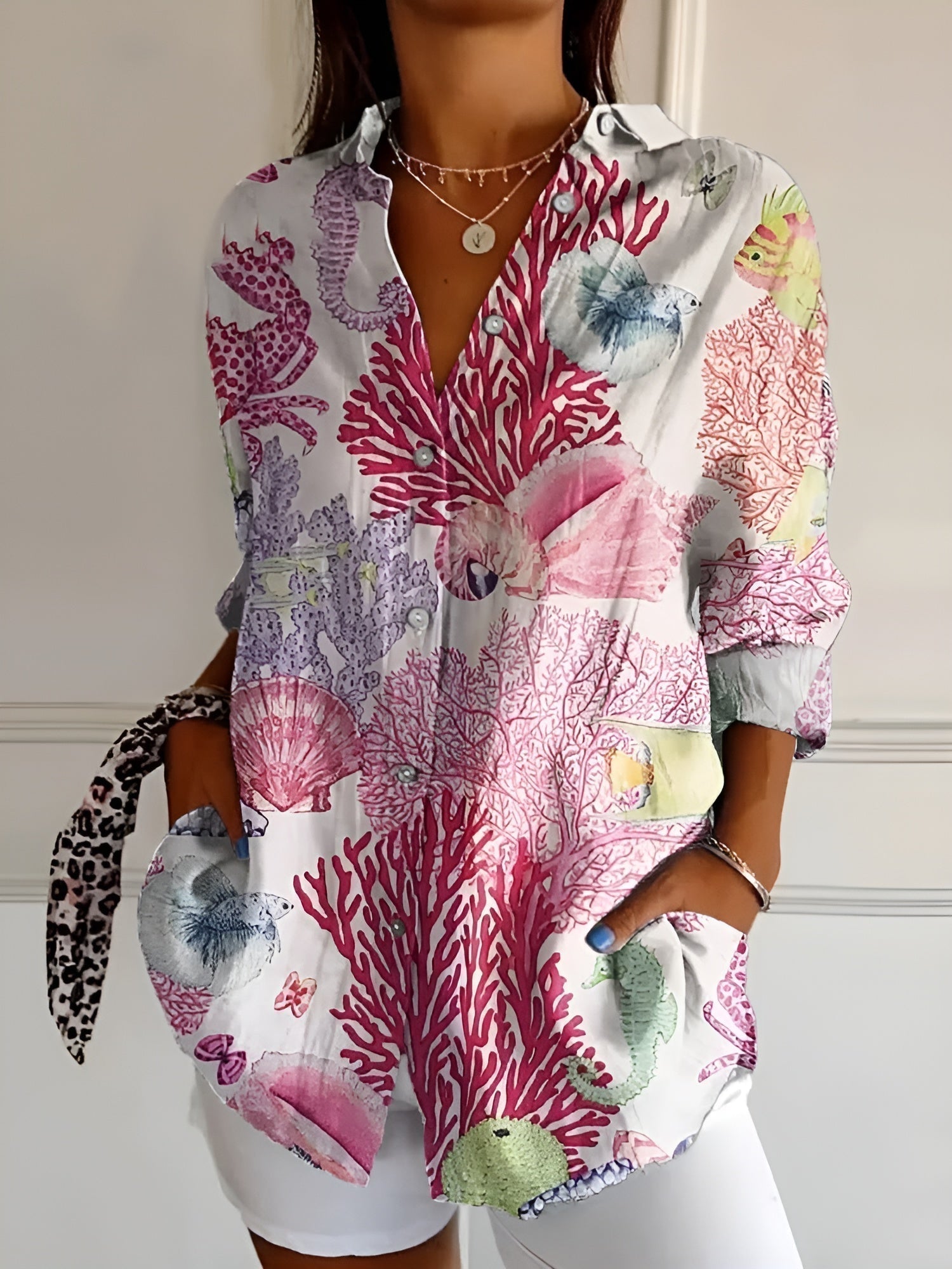 NOUVEAU RICHE Button Down Hemd Damen Langarm Leichter Stoff Luftige Bluse Rosa Meerestiere