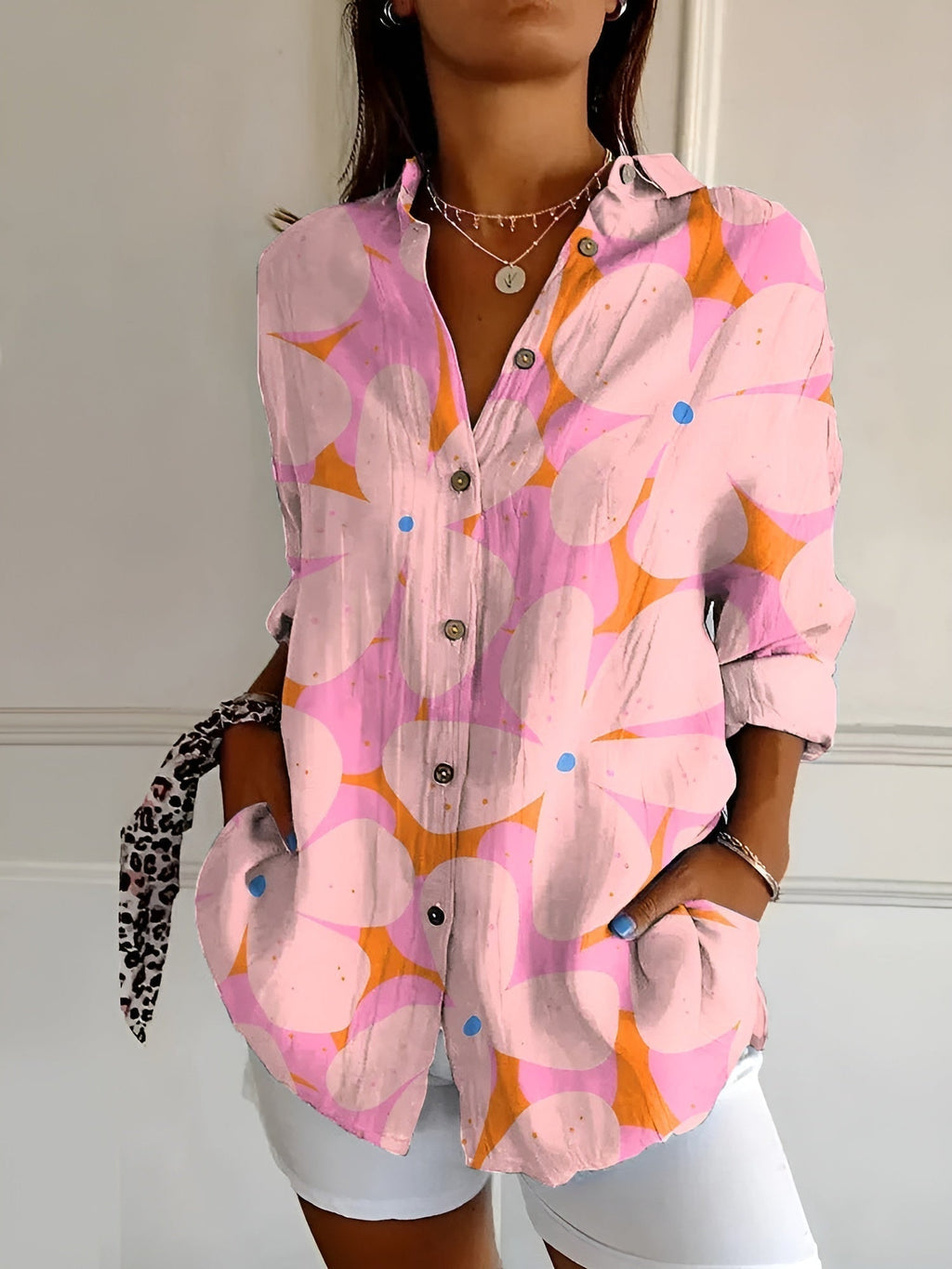 NOUVEAU RICHE Elegantes Damen Button Down Hemd Langarm Atmungsaktiv Rosa Blume