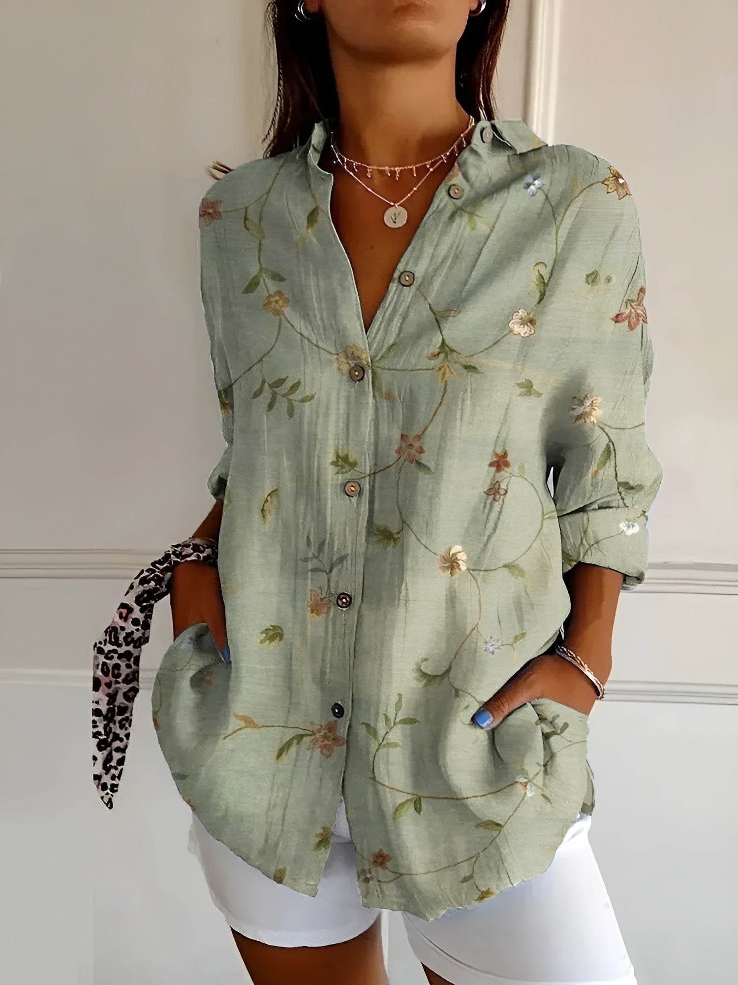 NOUVEAU RICHE Button Down Hemd Damen Langarm Leichter Stoff Luftige Bluse Grün