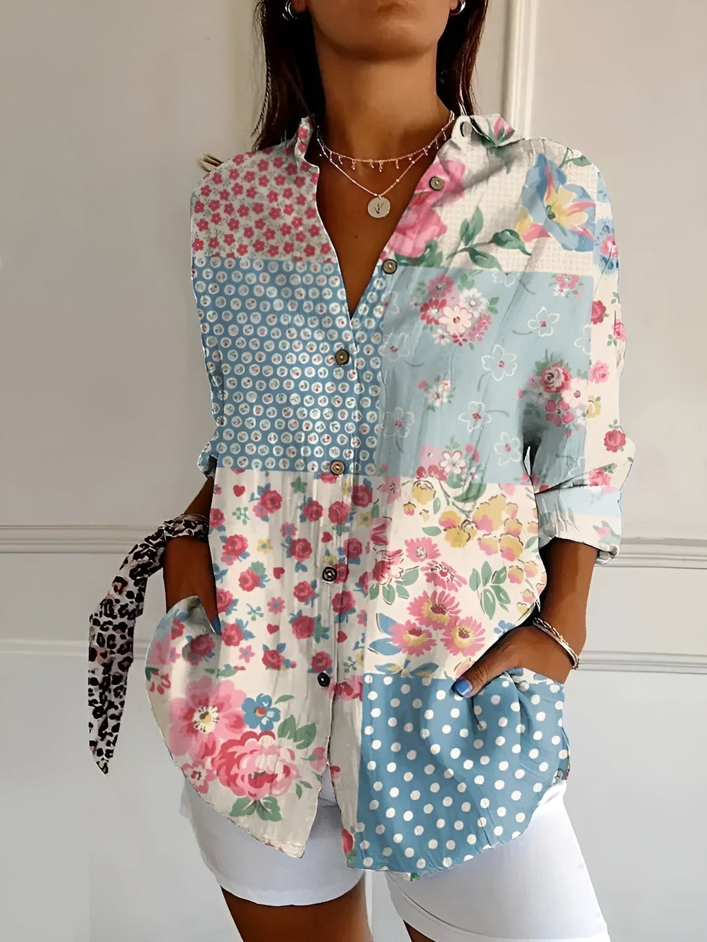 NOUVEAU RICHE Elegantes Damen Button Down Hemd Langarm Atmungsaktiv Blaue Blume
