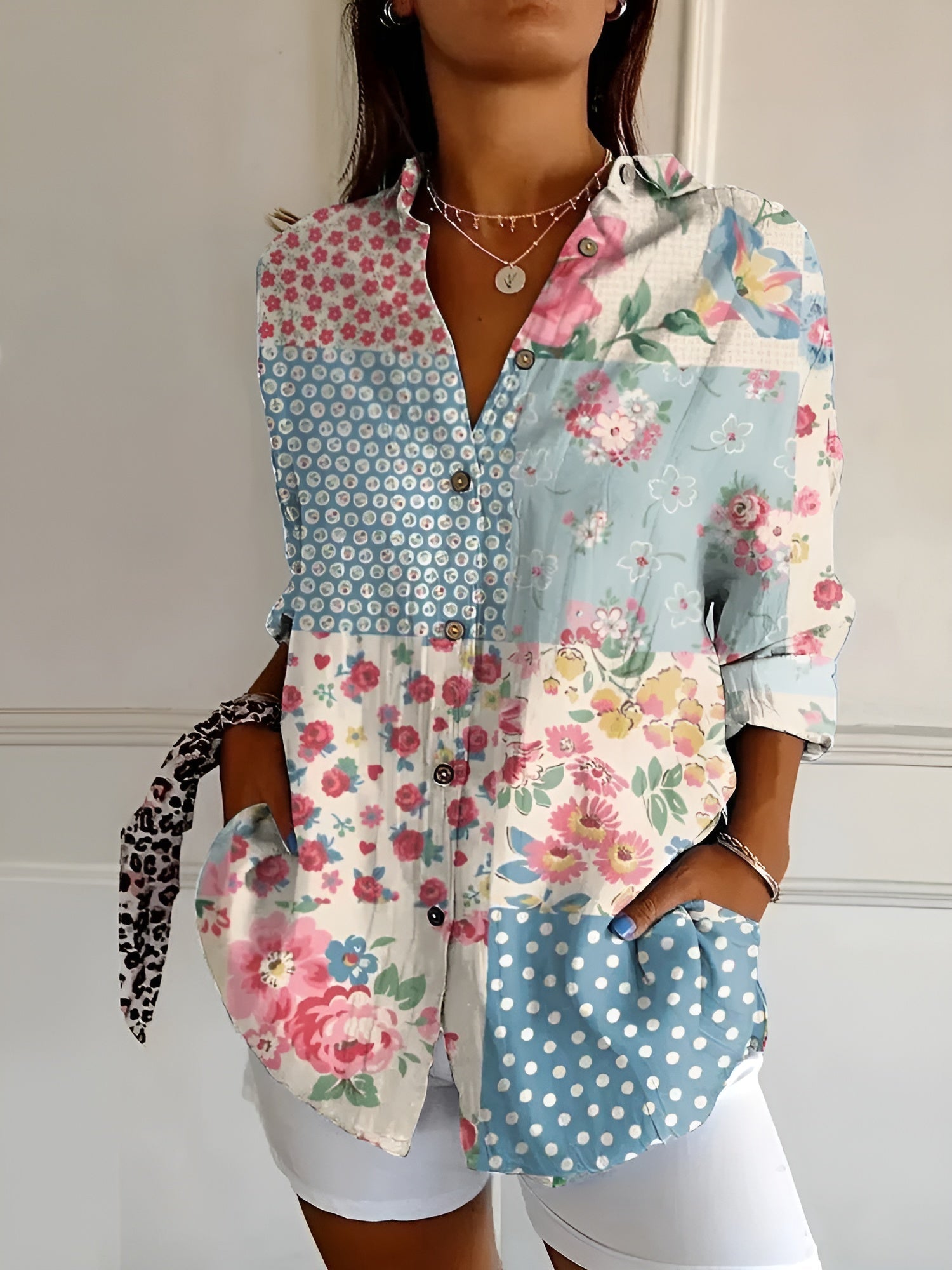 NOUVEAU RICHE Elegantes Damen Button Down Hemd Langarm Atmungsaktiv Blaue Blume