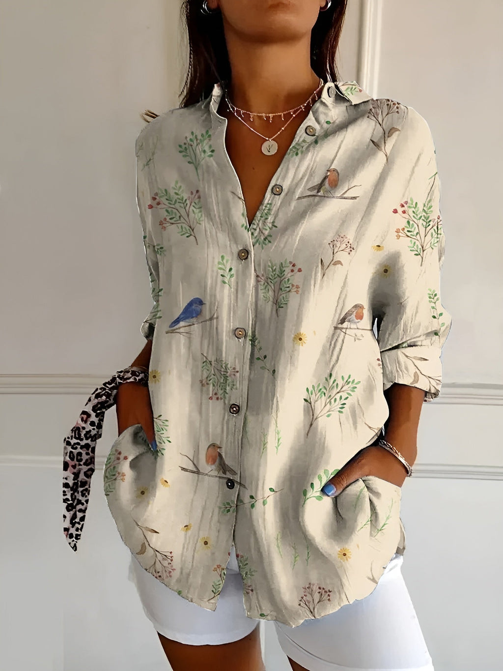 NOUVEAU RICHE Elegantes Damen Button Down Hemd Langarm Atmungsaktiv Vögel