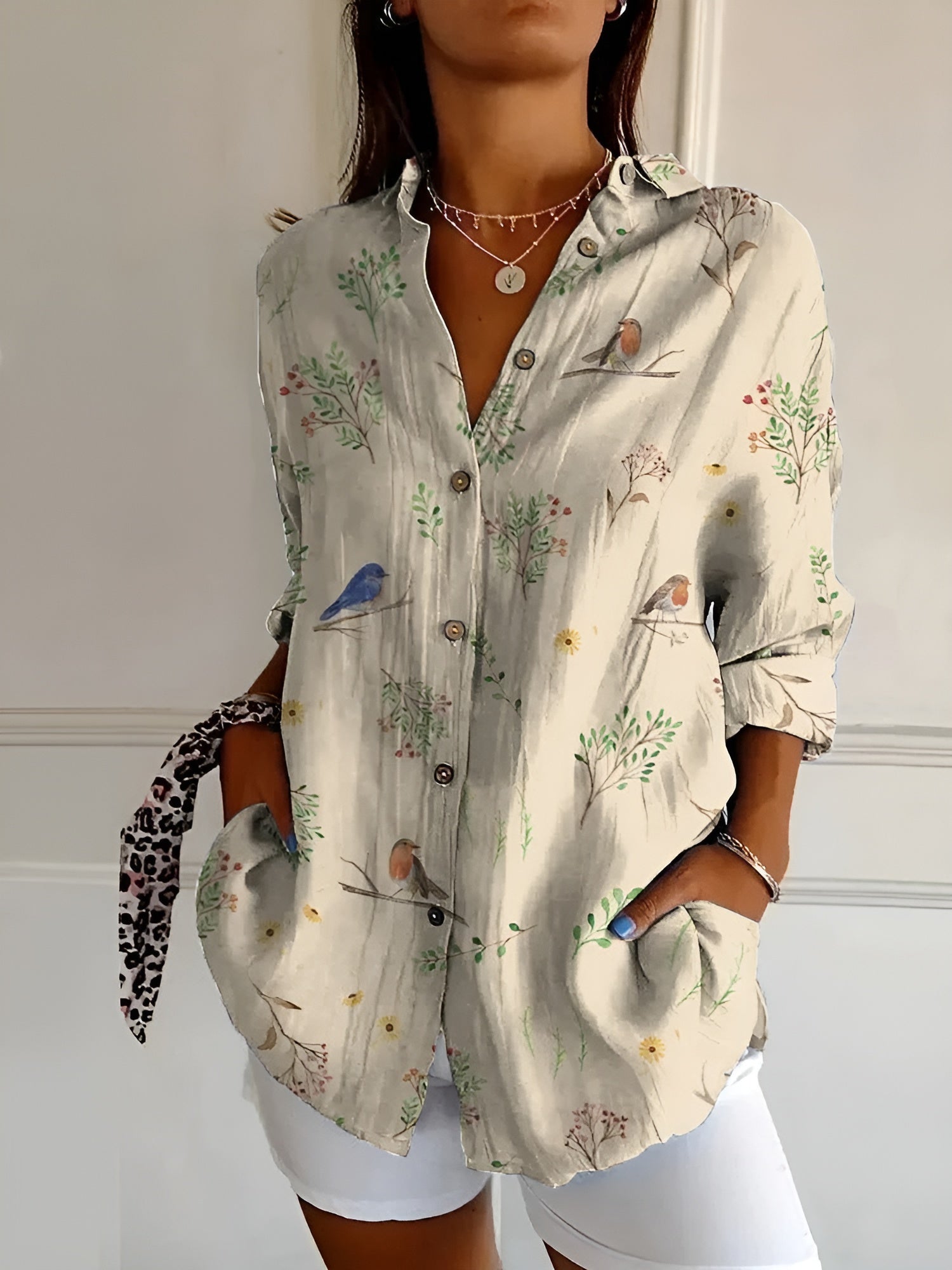 NOUVEAU RICHE Button Down Hemd Damen Langarm Leichter Stoff Luftige Bluse Vögel