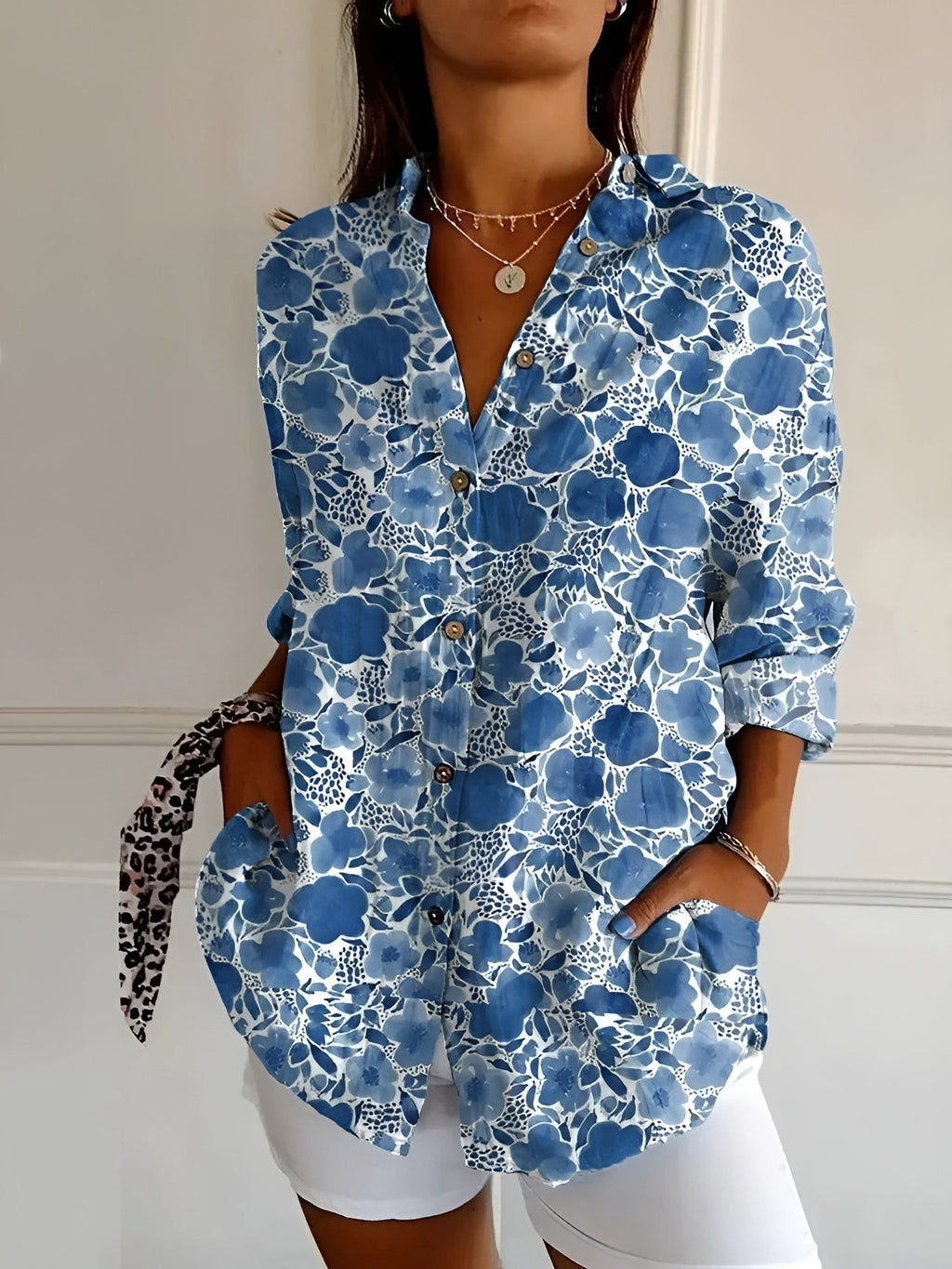 NOUVEAU RICHE Elegantes Damen Button Down Hemd Langarm Atmungsaktiv Dunkelblaue Blume