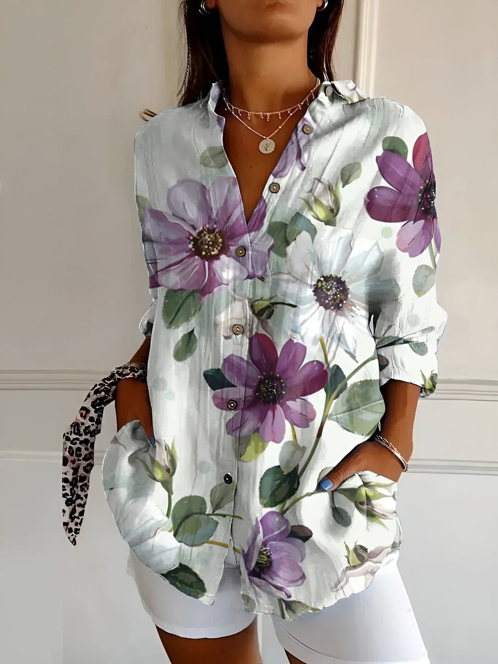 NOUVEAU RICHE Elegantes Damen Button Down Hemd Langarm Atmungsaktiv Lila Blumen