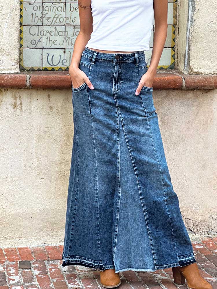 NOUVEAU RICHE Stretch Jeans Maxirock A-Linie Aus Ultraweichem Premium Denim Mit Fronttaschen Und Superschmeichelnder Passform Ideal Für Jeden Anlass Dunkelblau