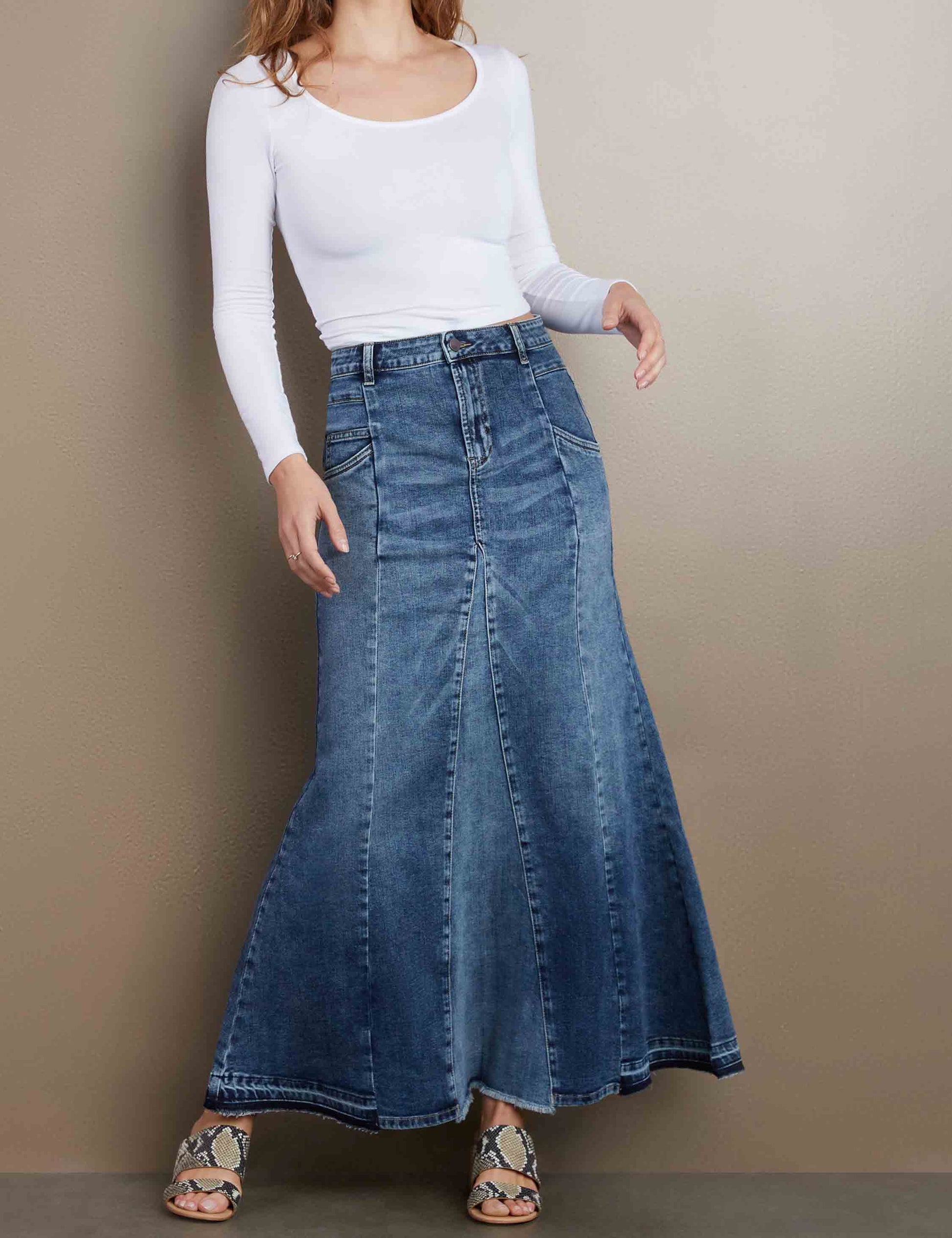 NOUVEAU RICHE Stretch Jeans Maxirock A-Linie Aus Ultraweichem Premium Denim Mit Fronttaschen Und Superschmeichelnder Passform Ideal Für Jeden Anlass