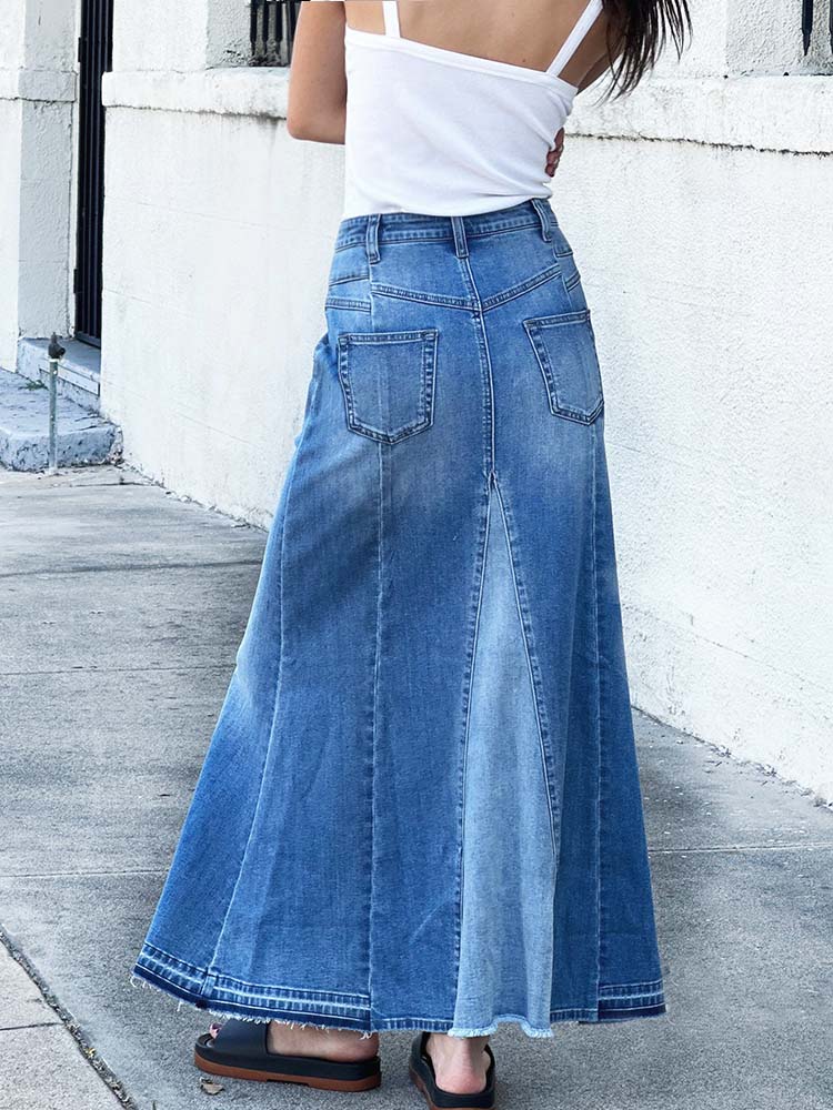 NOUVEAU RICHE Stretch Jeans Maxirock A-Linie Aus Ultraweichem Premium Denim Mit Fronttaschen Und Superschmeichelnder Passform Ideal Für Jeden Anlass