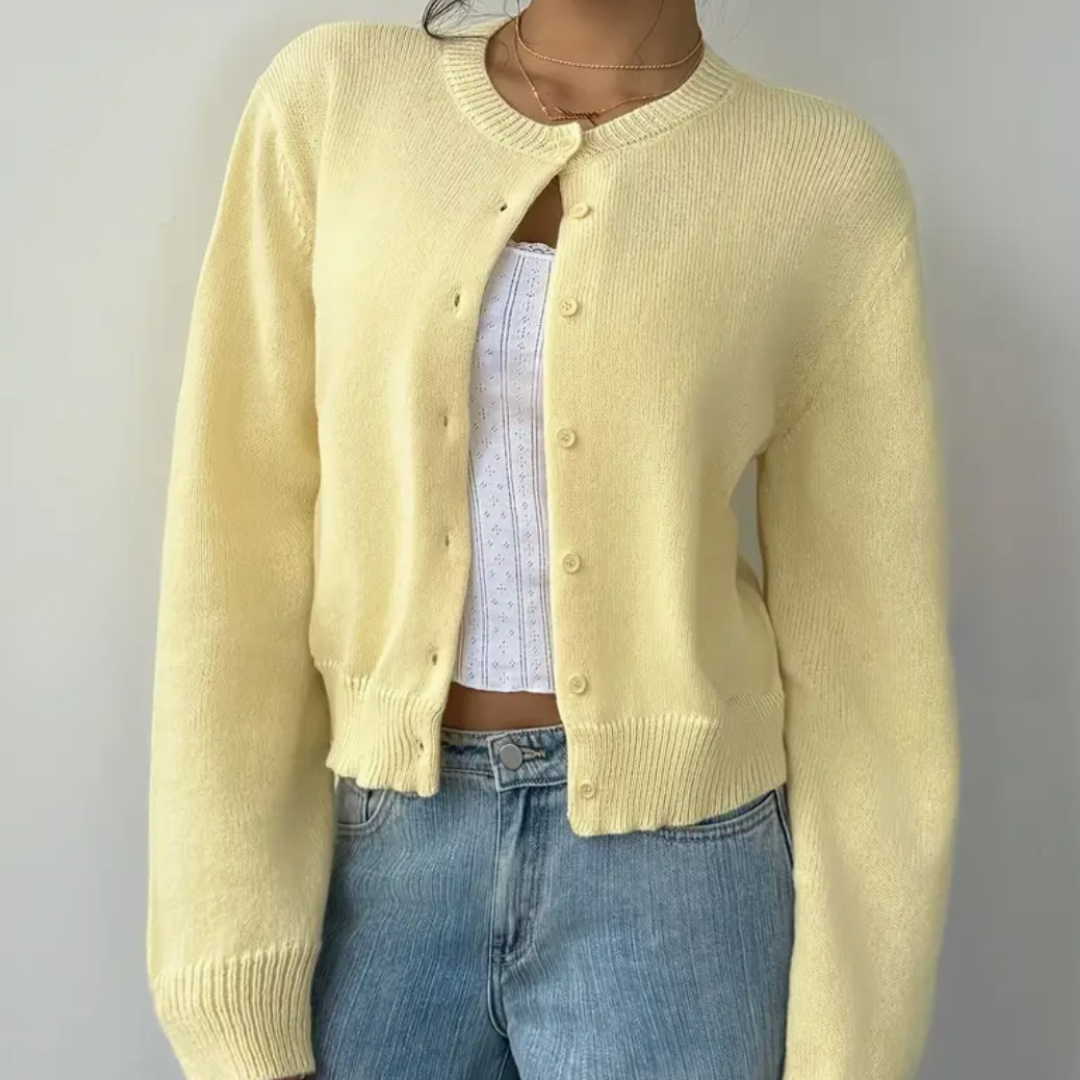 NOUVEAU RICHE Zahara | Damen Strickjacke im kurzen Schnitt mit Knopfleiste Gelb