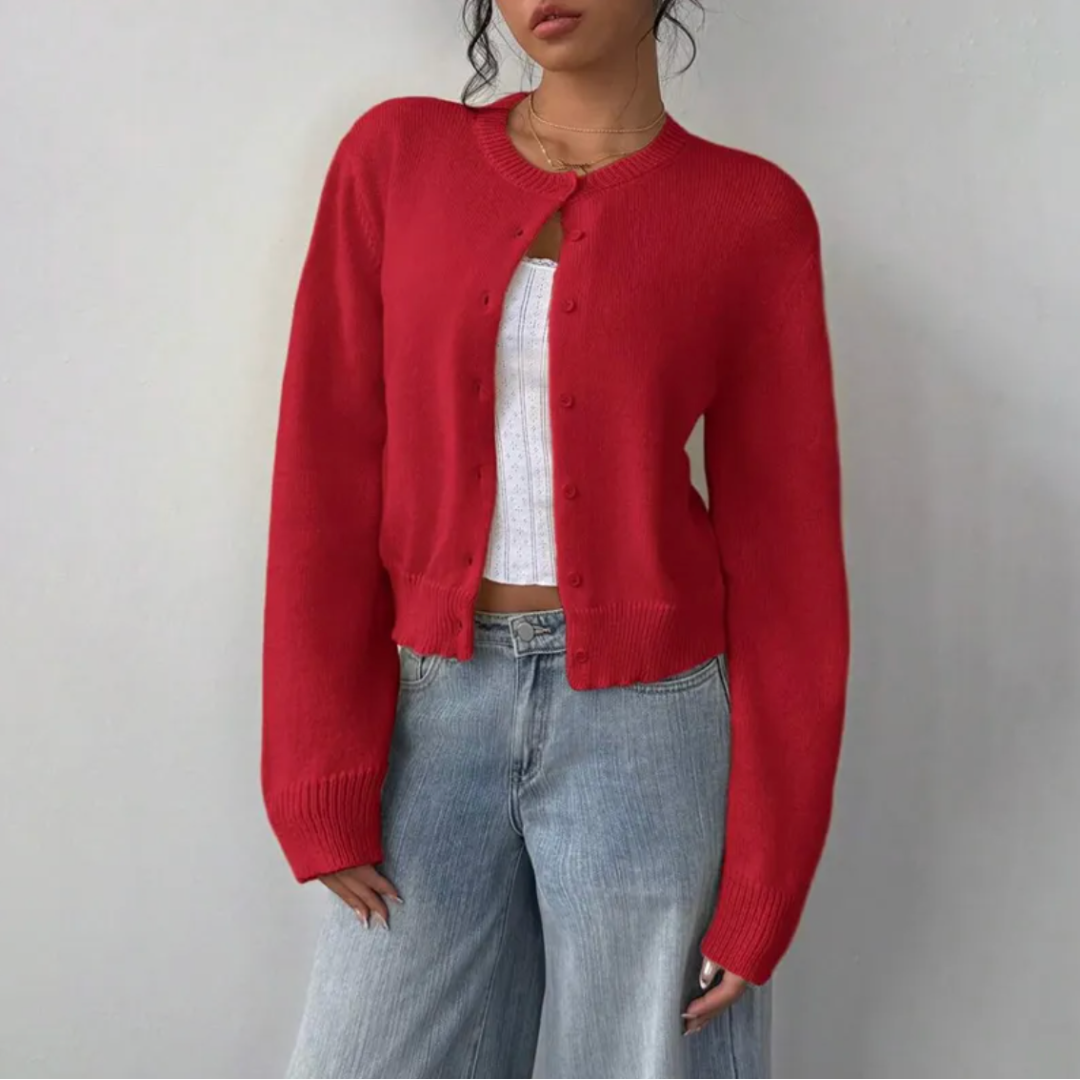 NOUVEAU RICHE Zahara | Damen Strickjacke im kurzen Schnitt mit Knopfleiste Rot