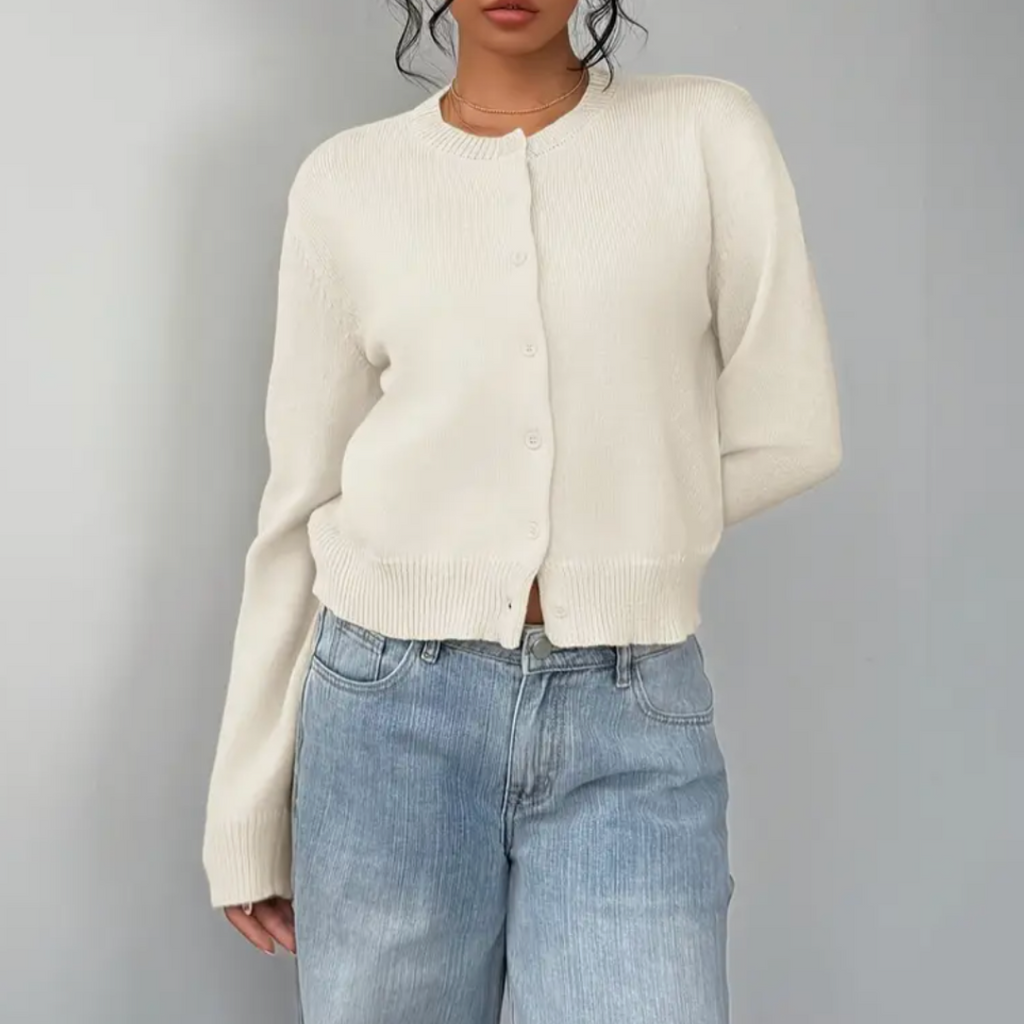 NOUVEAU RICHE Zahara | Damen Strickjacke im kurzen Schnitt mit Knopfleiste Weiß