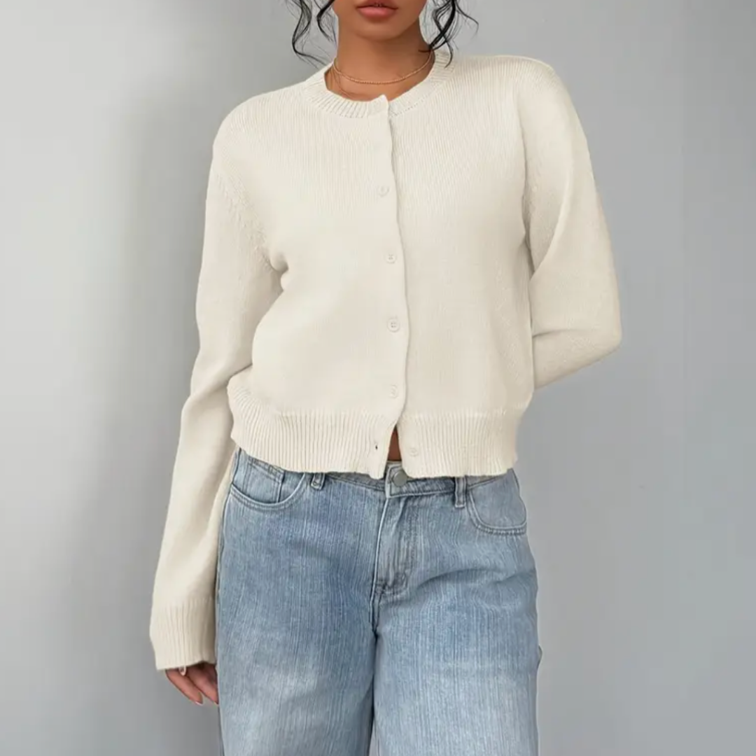 NOUVEAU RICHE Zahara | Damen Strickjacke im kurzen Schnitt mit Knopfleiste Weiß