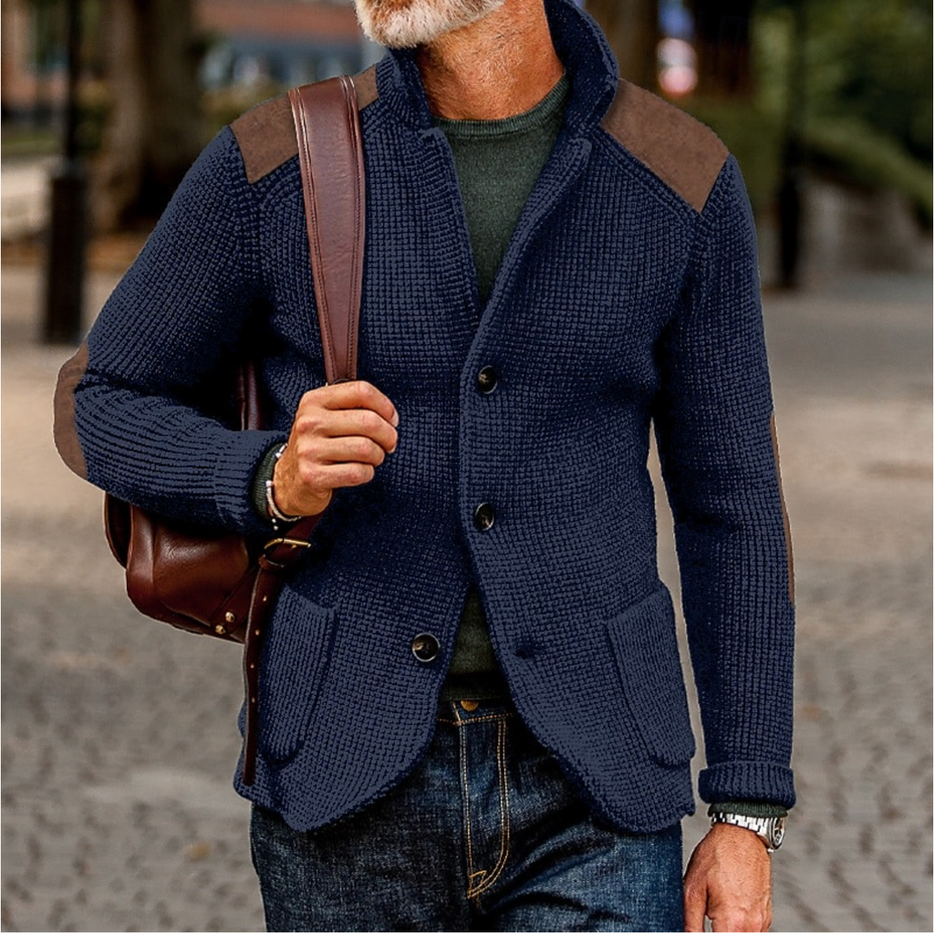 NOUVEAU RICHE Stilvolle Strickjacke Für Herren Mit Wildlederpatches Blau