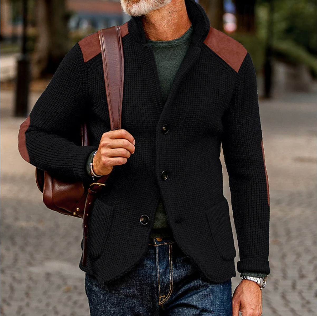 NOUVEAU RICHE Stilvolle Strickjacke Für Herren Mit Wildlederpatches Schwarz