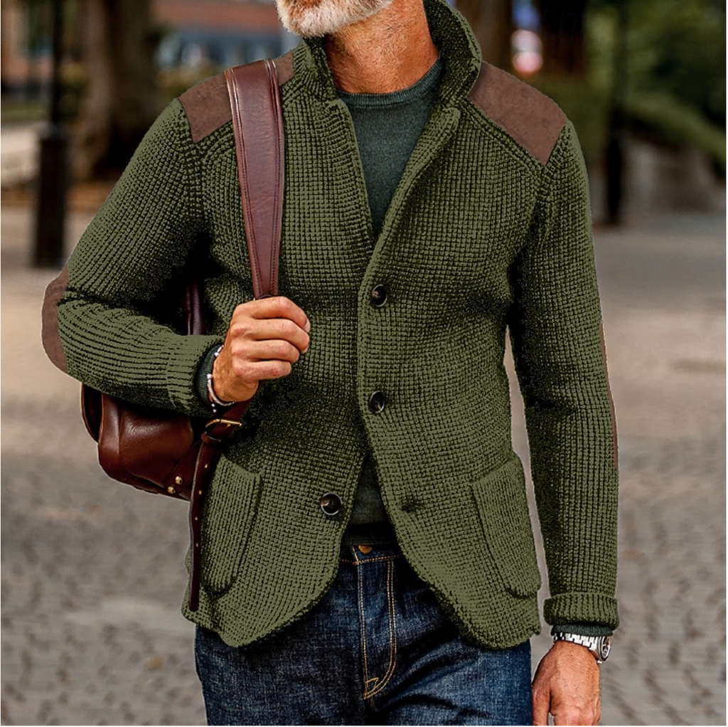 NOUVEAU RICHE Stilvolle Strickjacke Für Herren Mit Wildlederpatches Grün