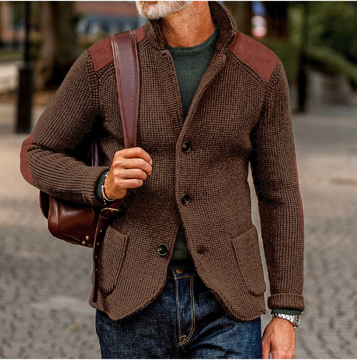 NOUVEAU RICHE Stilvolle Strickjacke Für Herren Mit Wildlederpatches Braun