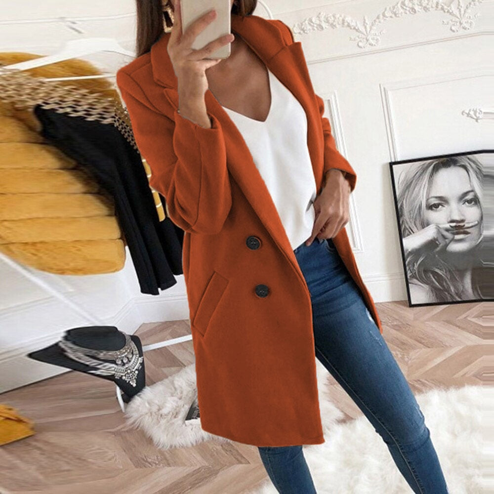 NOUVEAU RICHE Eleganter Damenmantel Warm Gefüttert Mit Taschen Und Kragen Dunkelorange
