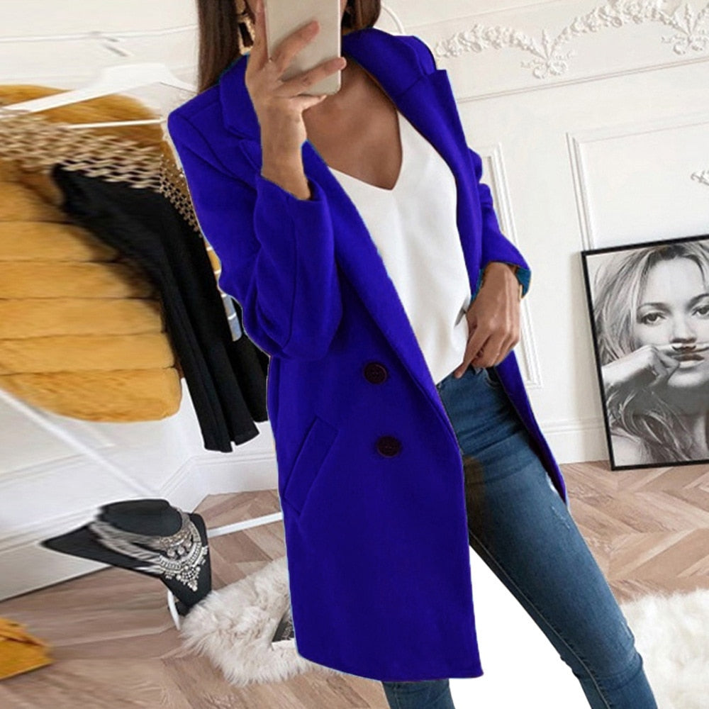 NOUVEAU RICHE Eleganter Damenmantel Warm Gefüttert Mit Taschen Und Kragen Marineblau