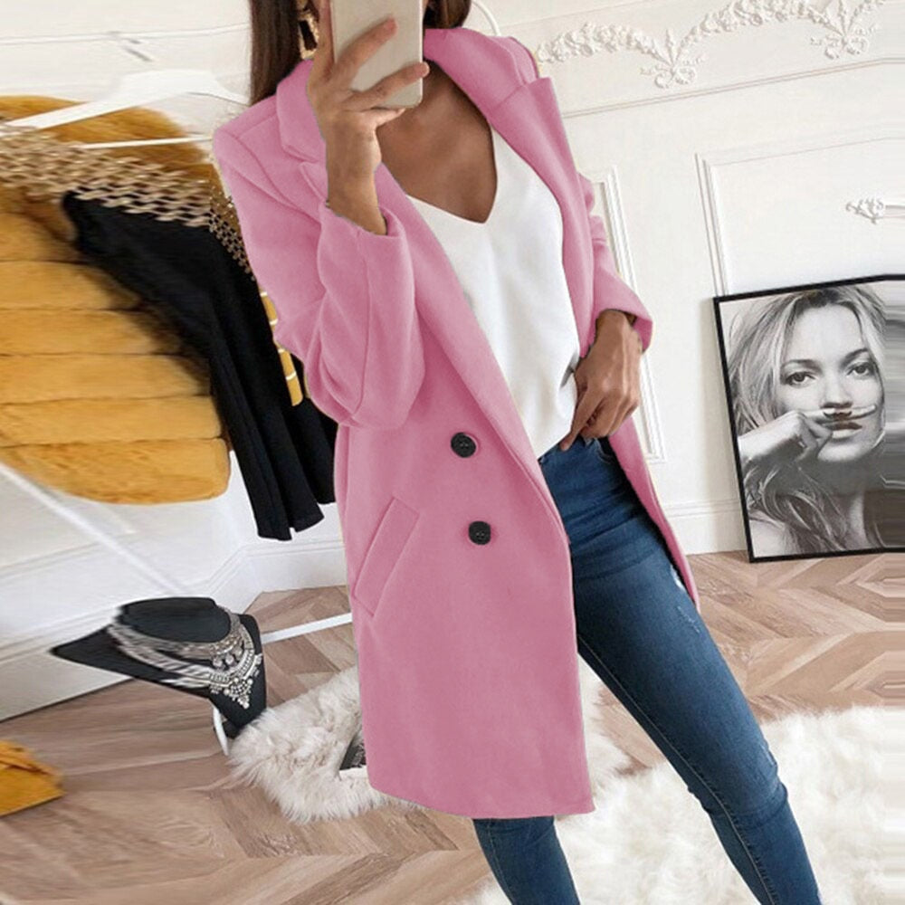 NOUVEAU RICHE Eleganter Damenmantel Warm Gefüttert Mit Taschen Und Kragen Rosa