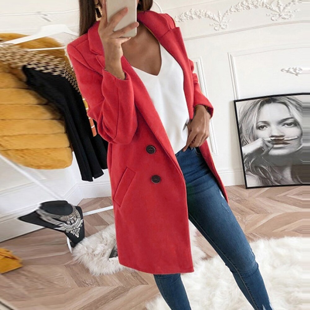 NOUVEAU RICHE Eleganter Damenmantel Warm Gefüttert Mit Taschen Und Kragen Rot