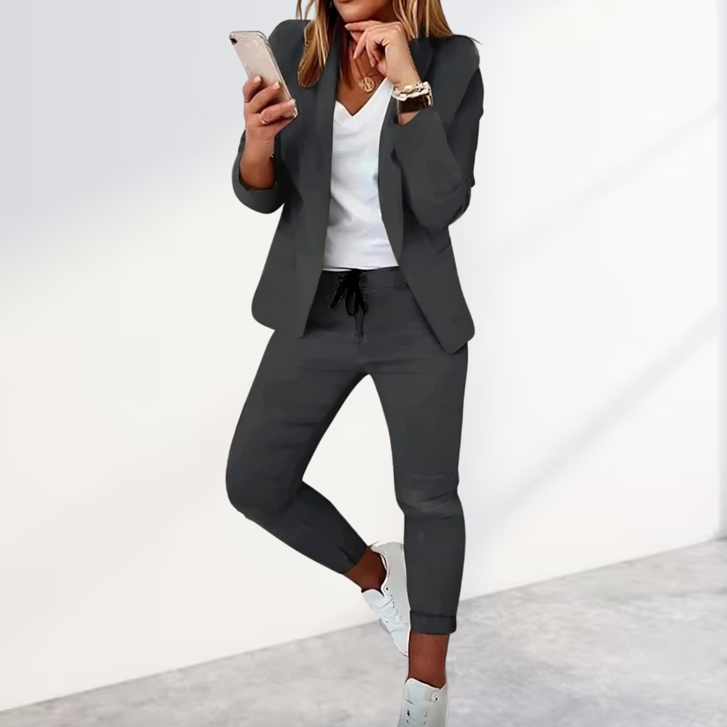 NOUVEAU RICHE Elegantes Damen Blazer Und Hosen Set Business Casual Grau