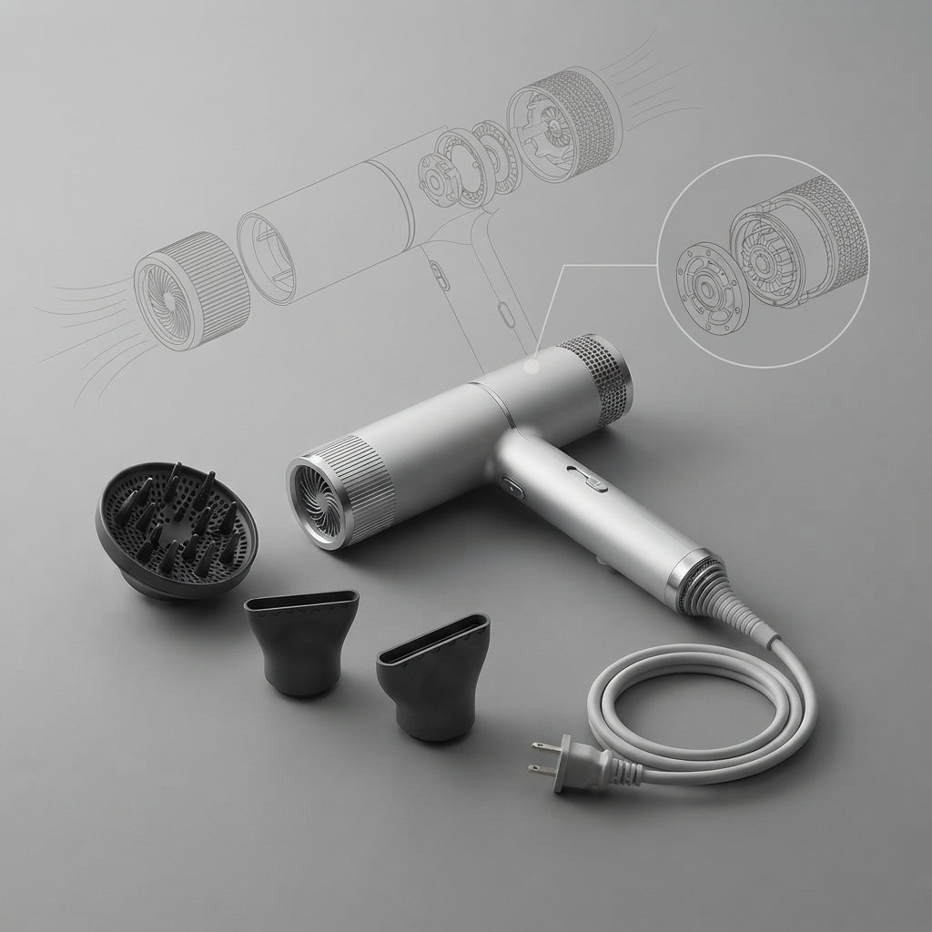 NOUVEAU RICHE Magnetischer Haartrockner – Leichter Föhn mit Bürstenlosem Motor & Ionen-Technologie, Magnetaufsätze, 7 Farben – SwiftDry
