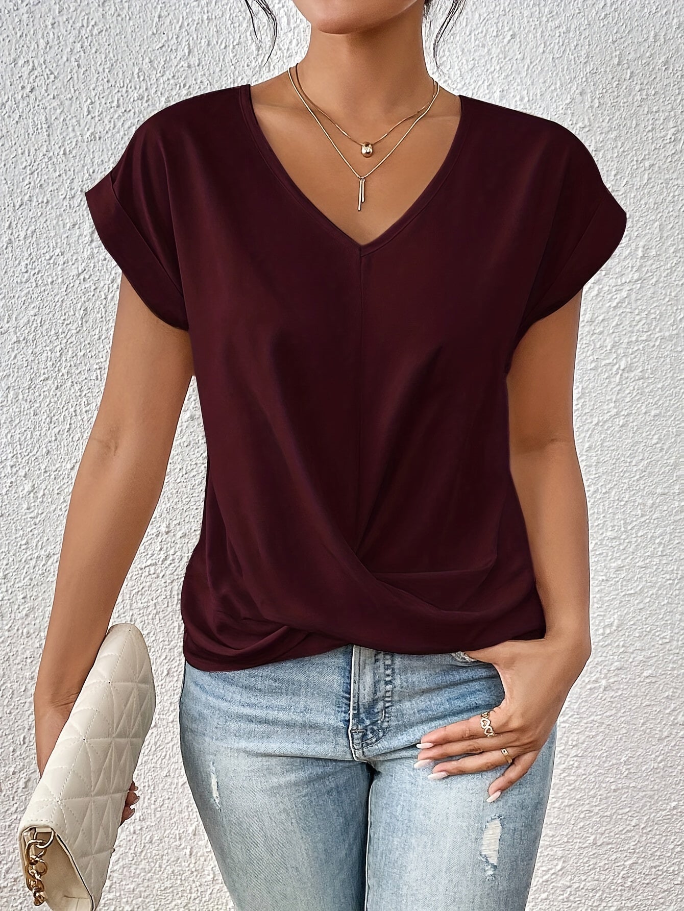 NOUVEAU RICHE T-Shirt Bequemes Sweetheart-Ausschnitt Alltag atmungsaktiven Burgund