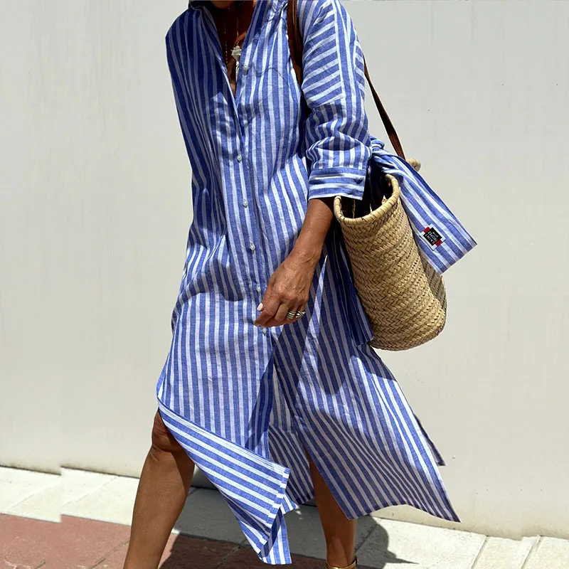 NOUVEAU RICHE Hemdblusenkleid Weite Passform Lässiger Stil Freizeit Blau