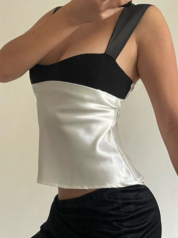 NOUVEAU RICHE Satin Tanktop Patchwork Stil Rückenträger V Ausschnitt Slim