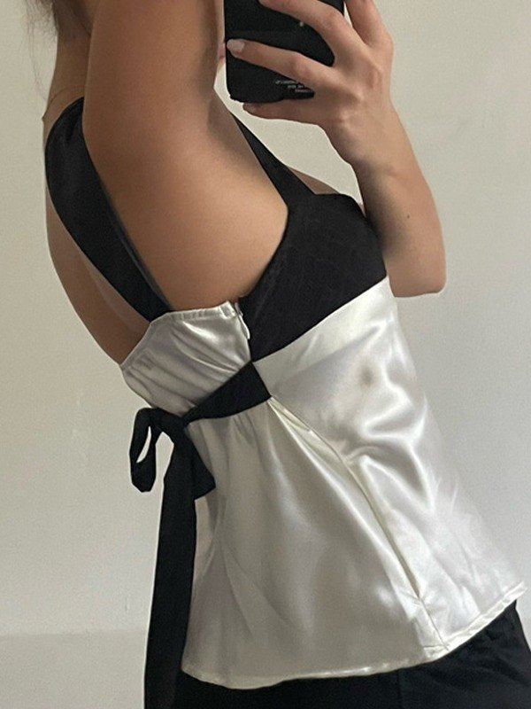 NOUVEAU RICHE Satin Tanktop Patchwork Stil Rückenträger V Ausschnitt Slim