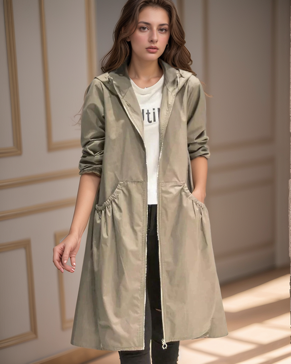 NOUVEAU RICHE Damen Lange Regenjacke Mit Kapuze Lockere Passform