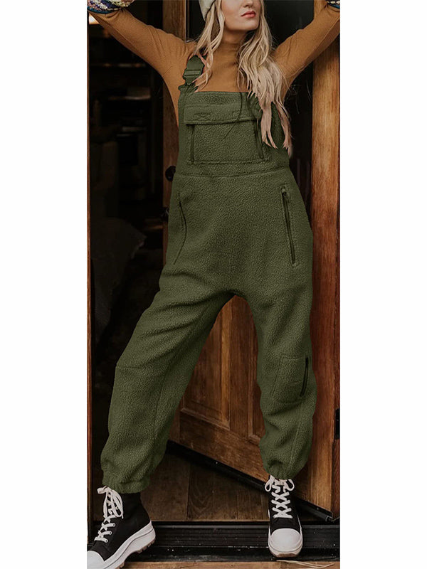 NOUVEAU RICHE Thermo Overall Aus Fleece Für Damen Mit Reißverschlusstaschen Und Verstellbarem Elastischem Bund Für Kaltes Wetter Armeegrün
