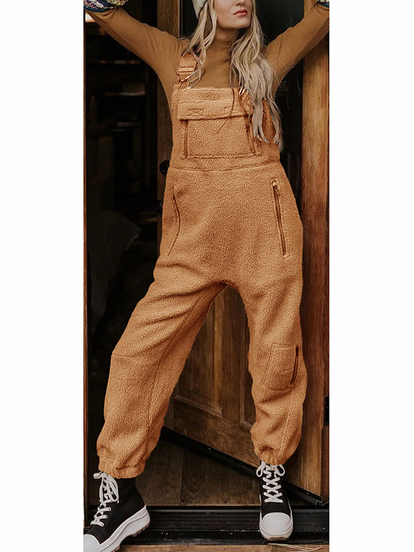 NOUVEAU RICHE Thermo Overall Aus Fleece Für Damen Mit Reißverschlusstaschen Und Verstellbarem Elastischem Bund Für Kaltes Wetter Braun