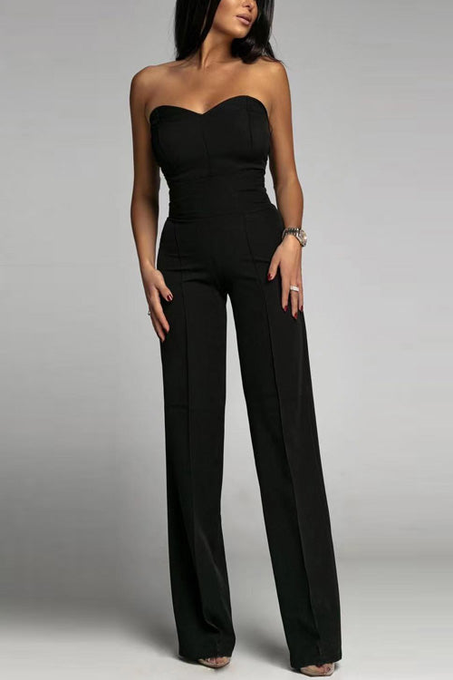 NOUVEAU RICHE Trägerloser Jumpsuit für Damen mit Figurbetontem Oberteil und Hoch Taillierten Ausgestellten Beinen für Elegante Abendgarderobe Schwarz