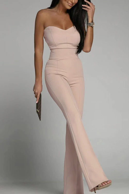 NOUVEAU RICHE Trägerloser Jumpsuit für Damen mit Figurbetontem Oberteil und Hoch Taillierten Ausgestellten Beinen für Elegante Abendgarderobe