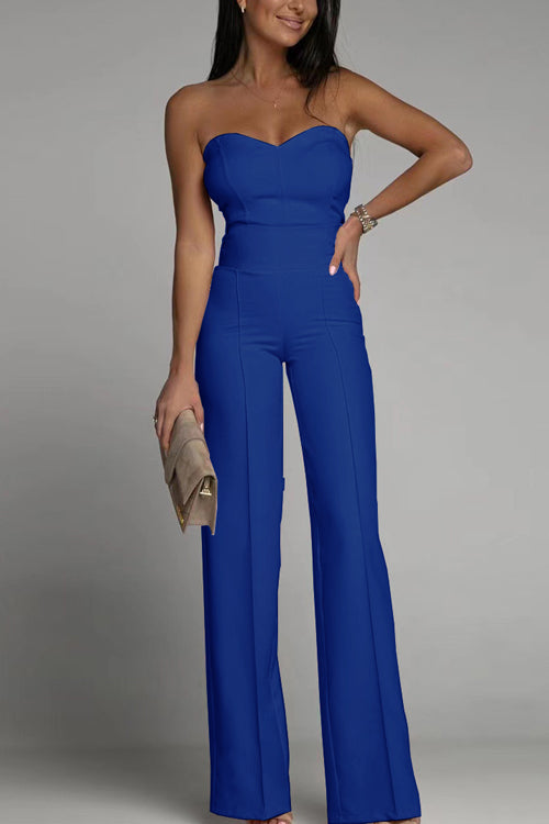 NOUVEAU RICHE Trägerloser Jumpsuit für Damen mit Figurbetontem Oberteil und Hoch Taillierten Ausgestellten Beinen für Elegante Abendgarderobe Blau