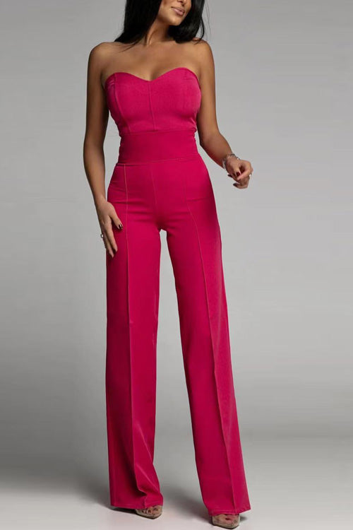 NOUVEAU RICHE Trägerloser Jumpsuit für Damen mit Figurbetontem Oberteil und Hoch Taillierten Ausgestellten Beinen für Elegante Abendgarderobe Rot