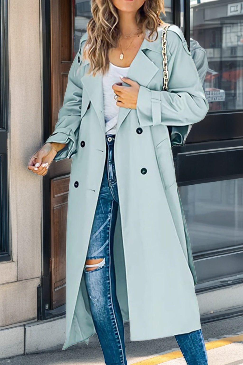 NOUVEAU RICHE Trenchcoat für Damen – Relaxed Fit – Zweireihig – Taillengürtel – Atmungsaktives Mischgewebe Hellgrün