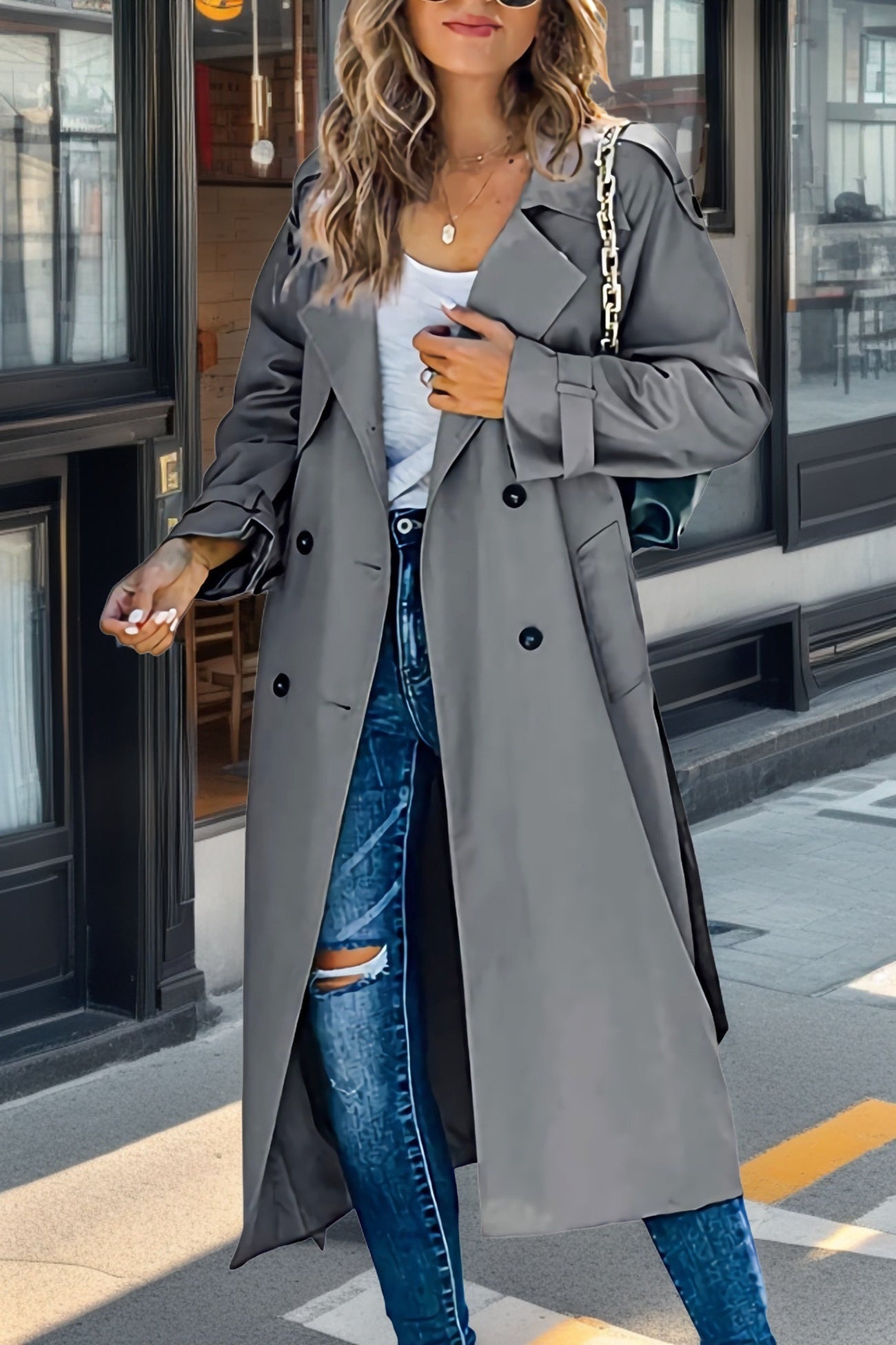 NOUVEAU RICHE Trenchcoat für Damen – Relaxed Fit – Zweireihig – Taillengürtel – Atmungsaktives Mischgewebe