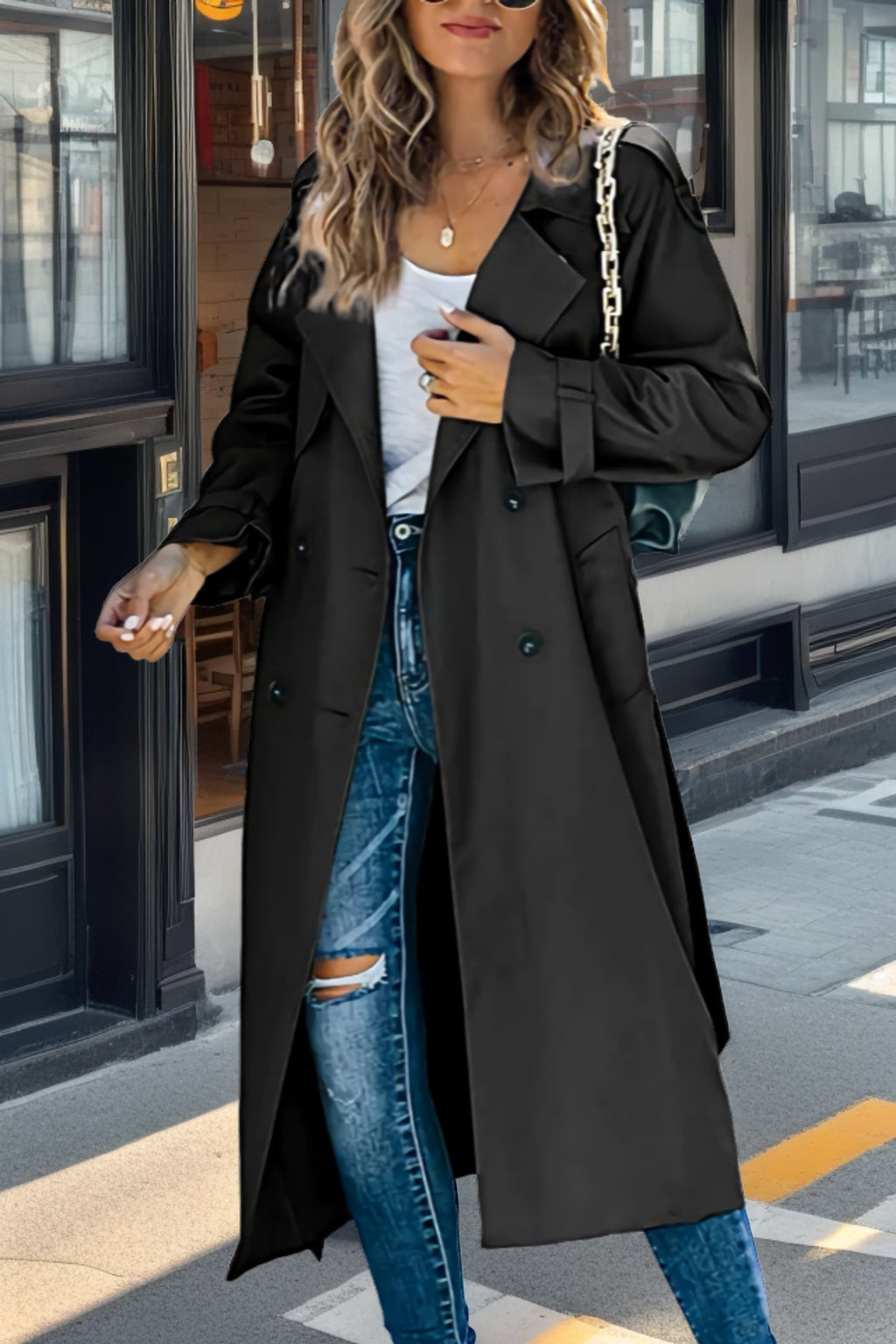 NOUVEAU RICHE Trenchcoat für Damen – Relaxed Fit – Zweireihig – Taillengürtel – Atmungsaktives Mischgewebe Schwarz