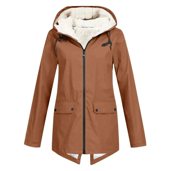 NOUVEAU RICHE Trenchcoat für Damen – Wasserdicht – Fleecefutter – Kapuze – Taillierte Passform – Mittellang Braun
