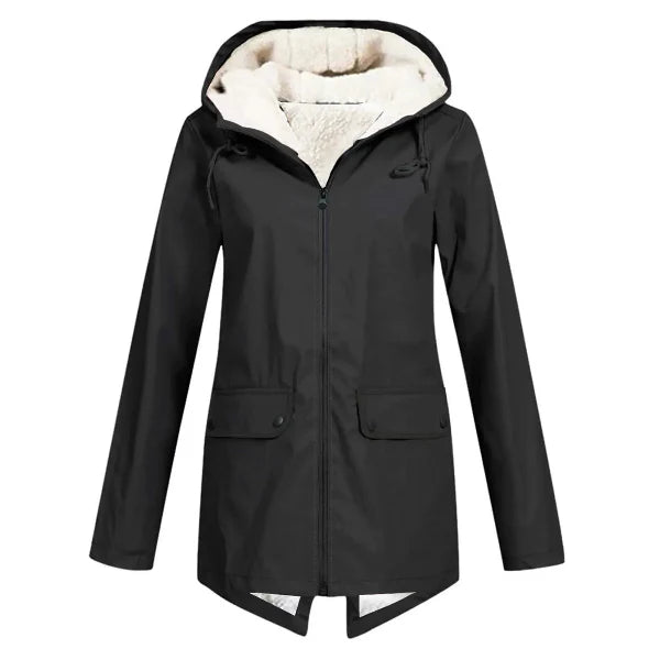 NOUVEAU RICHE Trenchcoat für Damen – Wasserdicht – Fleecefutter – Kapuze – Taillierte Passform – Mittellang Schwarz