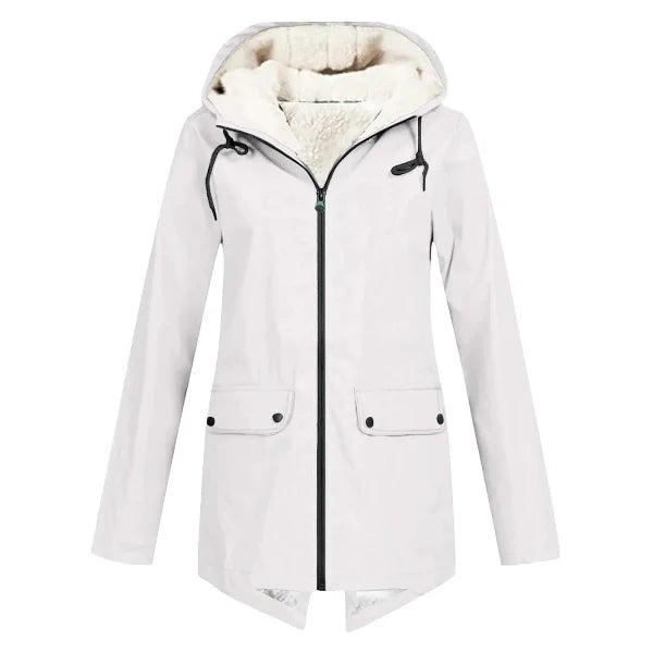 NOUVEAU RICHE Trenchcoat für Damen – Wasserdicht – Fleecefutter – Kapuze – Taillierte Passform – Mittellang Weiß