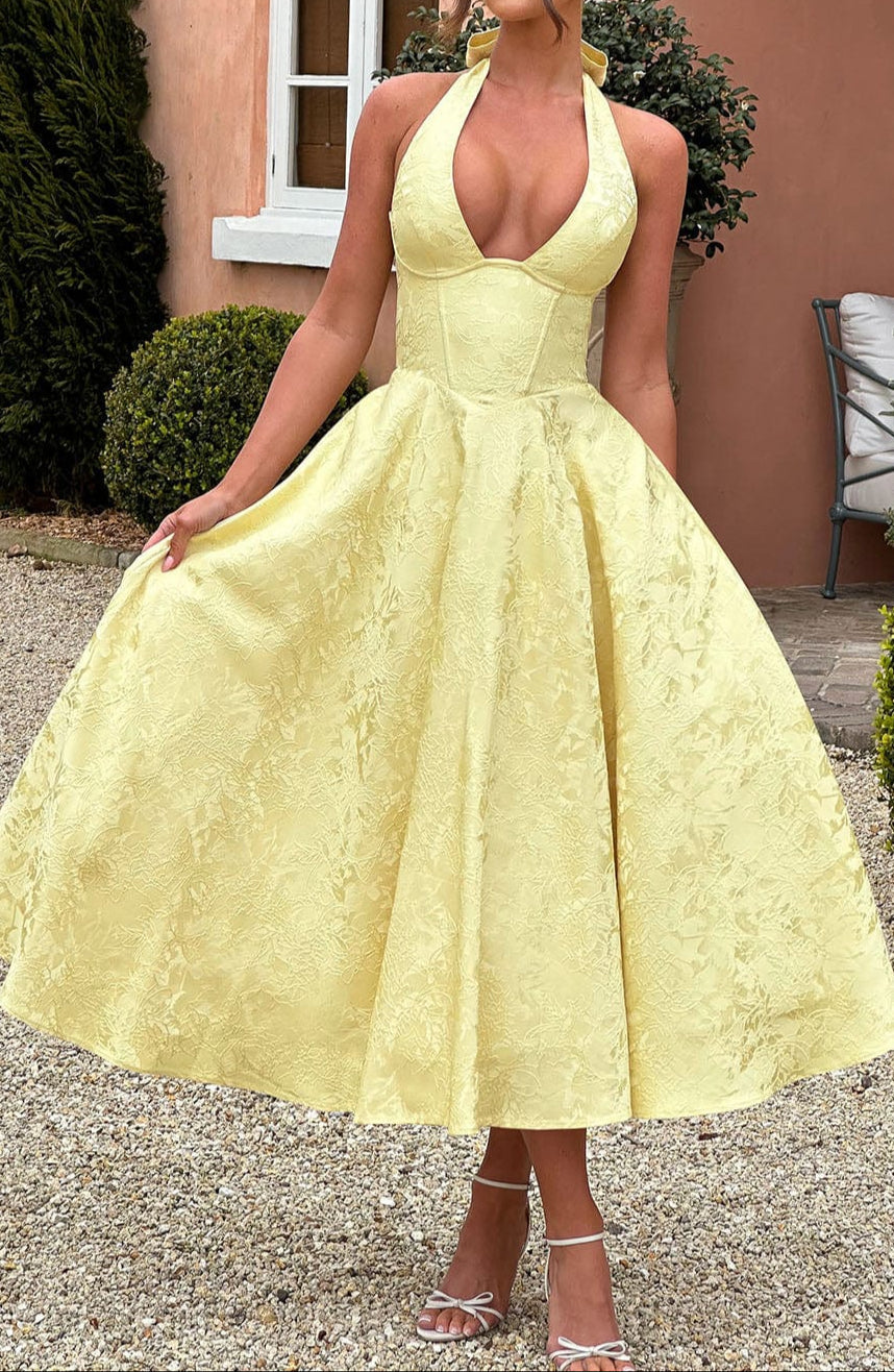 NOUVEAU RICHE Romantisches Zitrone Midikleid Mit Neckholder Und Tüllrock L