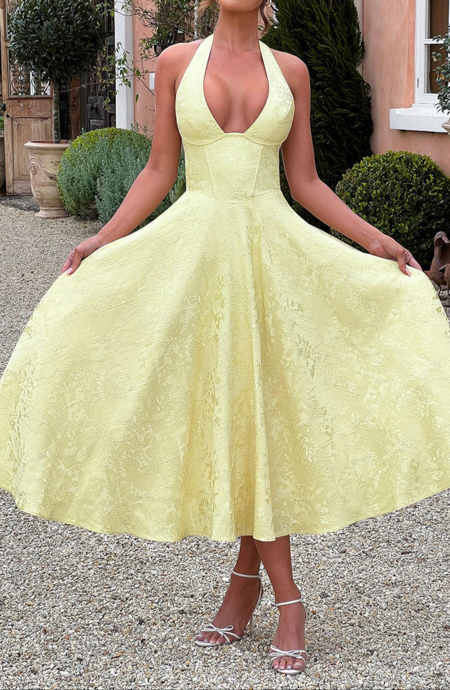 NOUVEAU RICHE Romantisches Zitrone Midikleid Mit Neckholder Und Tüllrock