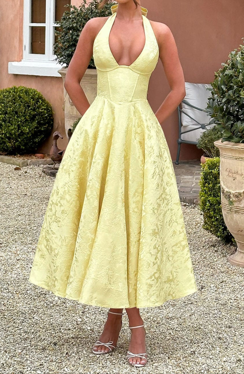 NOUVEAU RICHE Romantisches Zitrone Midikleid Mit Neckholder Und Tüllrock